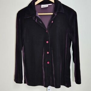 Kathie Lee Collection Womens Velvet Button Down Top Purple Long Sleeve Size Sm
